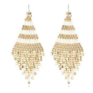 Hand Made Beaded‎ White and Gold Tassel Drop Earrings